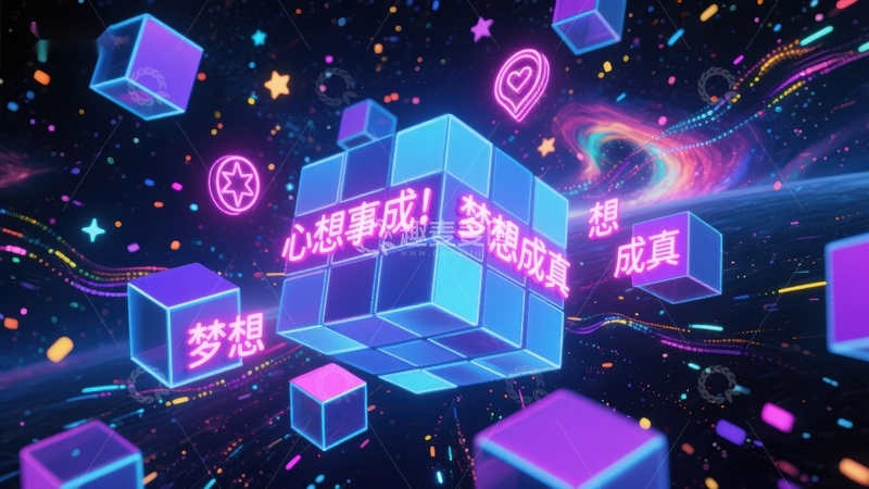 高清大图下载【趣麦麦图】霓虹立方体与梦幻星空背景