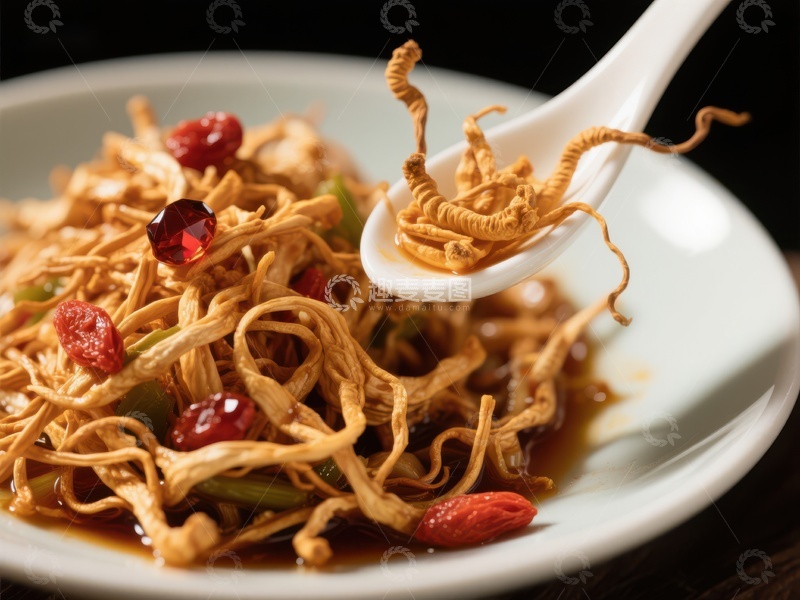 高清大图下载【趣麦麦图】虫草花炒菜，搭配枸杞的美味佳肴