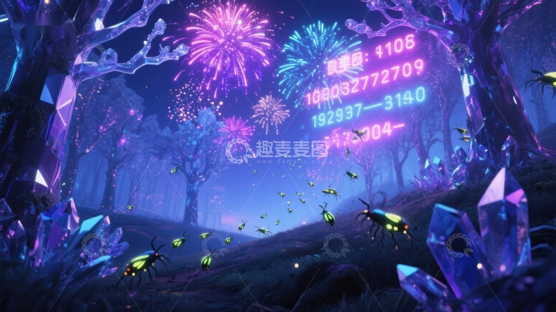 高清大图下载【趣麦麦图】梦幻森林夜景，烟花与数字悬浮