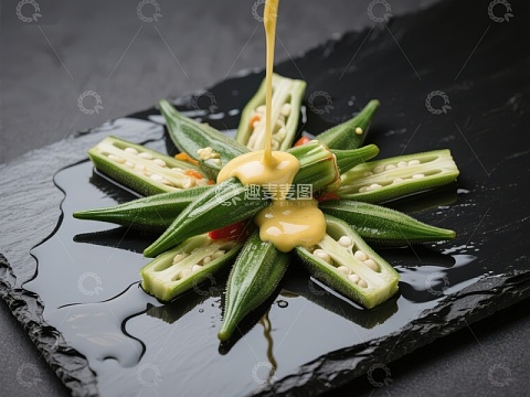 秋葵花式摆盘，淋上黄色酱汁