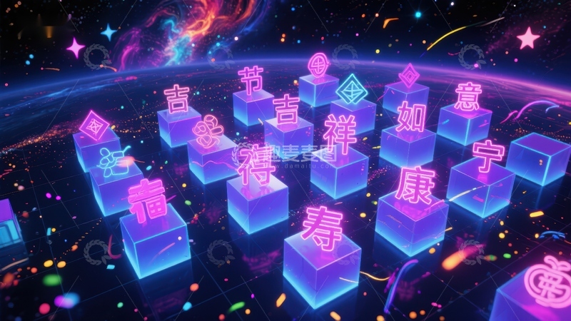 高清大图下载【趣麦麦图】霓虹方块上的中文祝福语