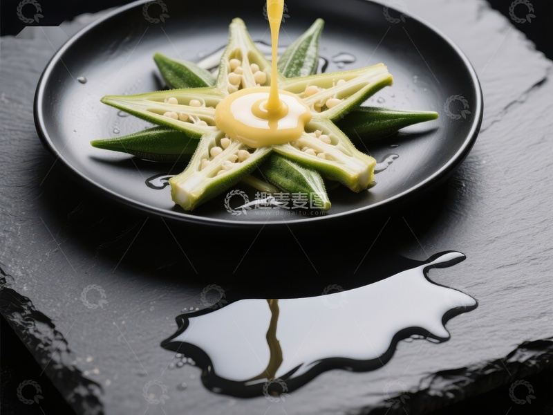 高清大图下载【趣麦麦图】秋葵星形摆盘，酱汁倾泻其上