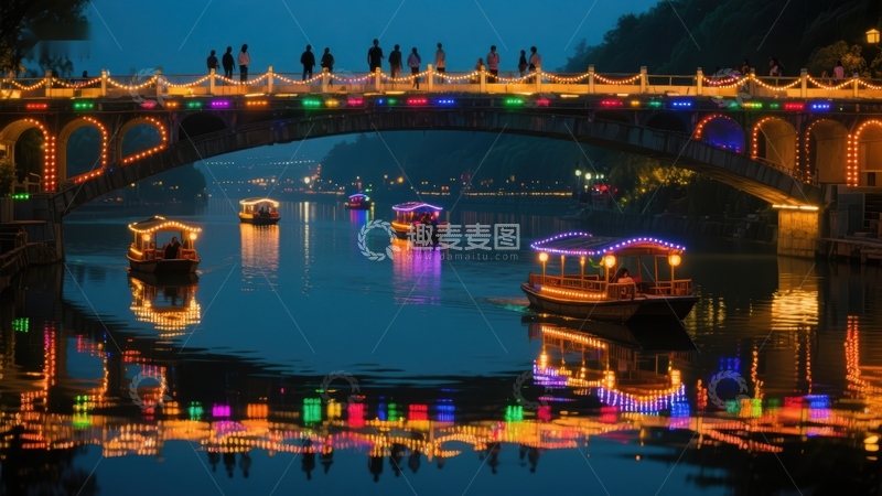 高清大图下载【趣麦麦图】夜色桥景，彩灯映照河面