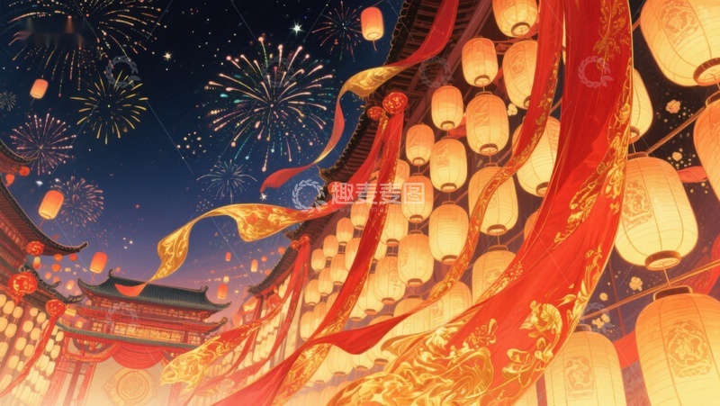高清大图下载【趣麦麦图】夜空下的灯笼与烟花