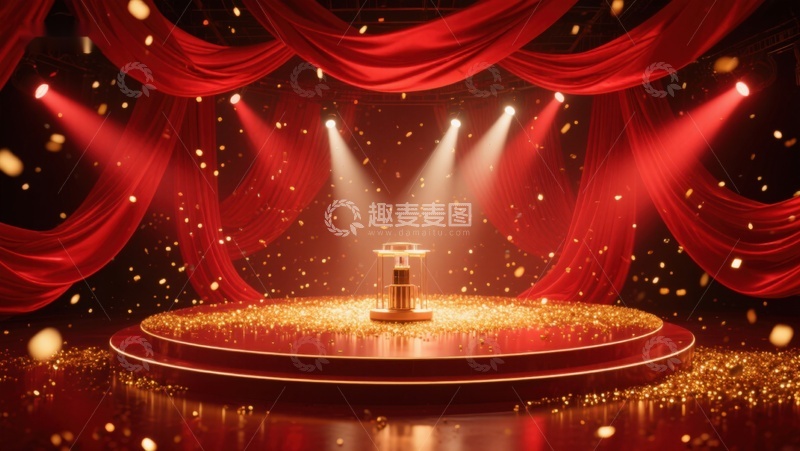 高清大图下载【趣麦麦图】华丽舞台灯光下的金色奖杯