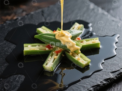 秋葵配酱汁，精致摆盘