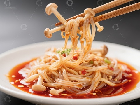 筷子夹起金针菇凉拌菜