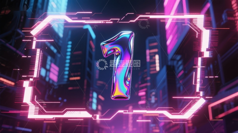高清大图下载【趣麦麦图】霓虹数字&ldquo;1&rdquo;未来科技城市夜景