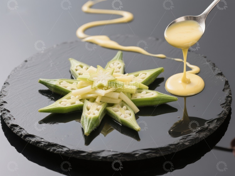 高清大图下载【趣麦麦图】创意摆盘：秋葵与酱汁的艺术呈现