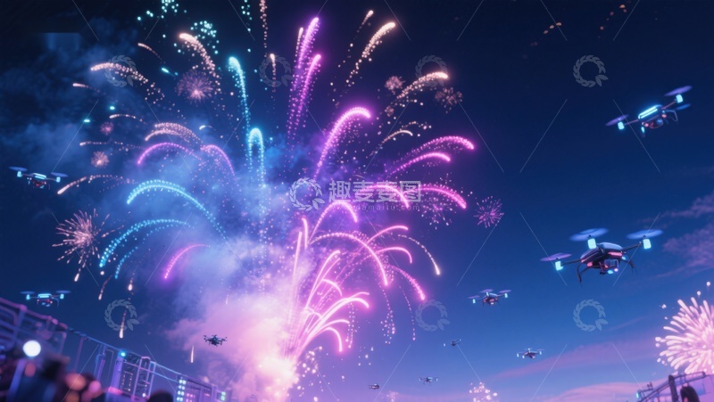 高清大图下载【趣麦麦图】夜空烟花绽放，无人机协同表演