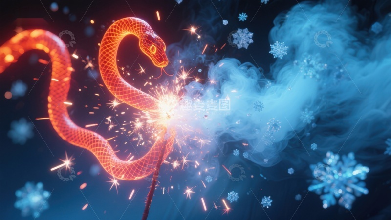 高清大图下载【趣麦麦图】火花与冰晶：蛇形光影的奇幻碰撞