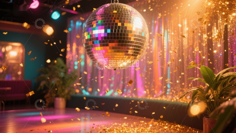 高清大图下载【趣麦麦图】闪耀迪斯科球与金色纸屑