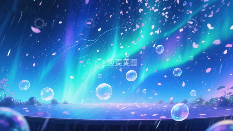 高清大图下载【趣麦麦图】梦幻极光下的泡泡与花瓣
