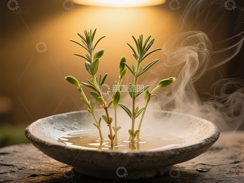 蒸汽中的植物枝条