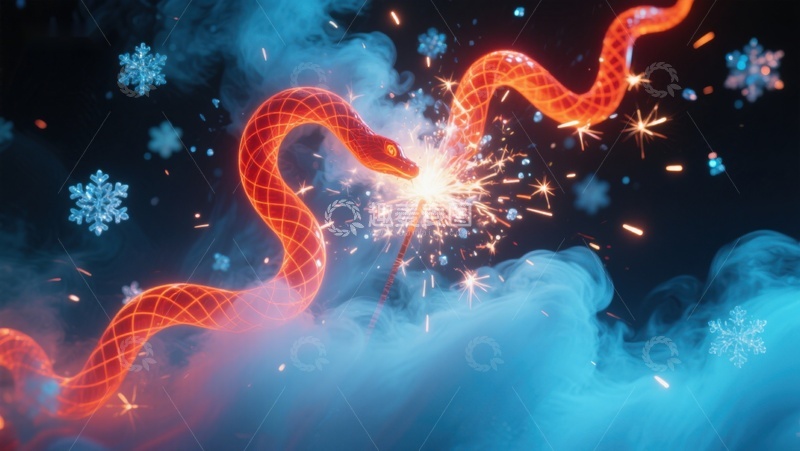 高清大图下载【趣麦麦图】火花中的橙色蛇与雪花