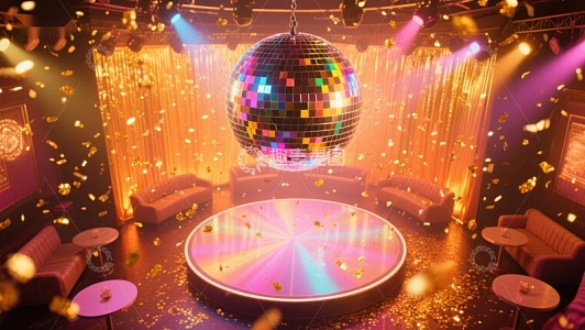 闪耀迪斯科球的金色派对场景