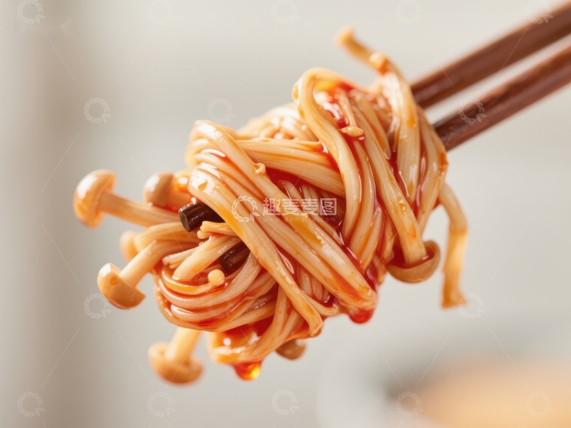 高清大图下载【趣麦麦图】筷子夹起的美味金针菇面条