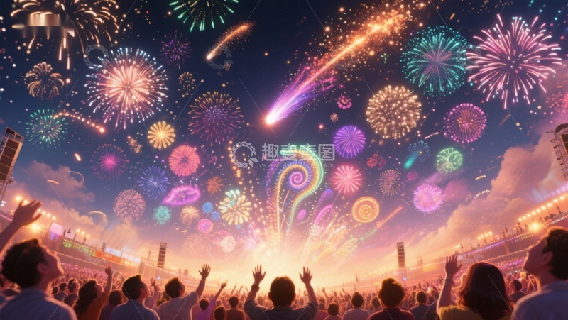 高清大图下载【趣麦麦图】夜空烟花盛宴，众人仰望庆祝