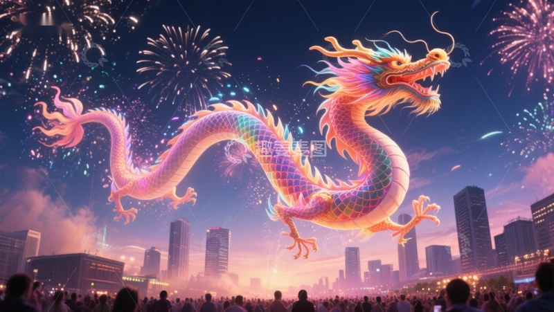 高清大图下载【趣麦麦图】夜空下的彩色龙与烟花