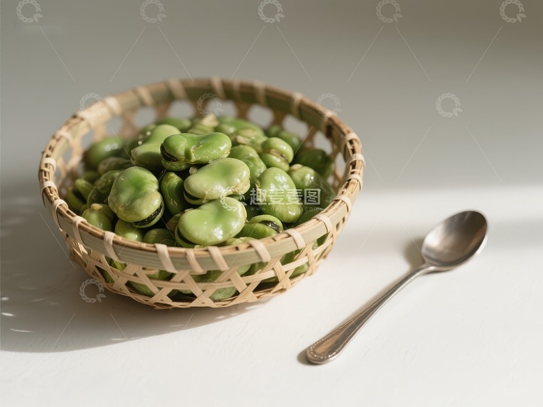 竹篮中的青豆与银勺