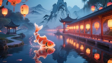 锦鲤游于古桥旁的静谧湖中