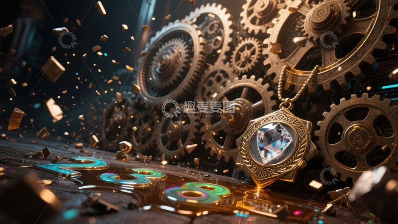 高清大图下载【趣麦麦图】机械齿轮与神秘宝石的奇幻组合