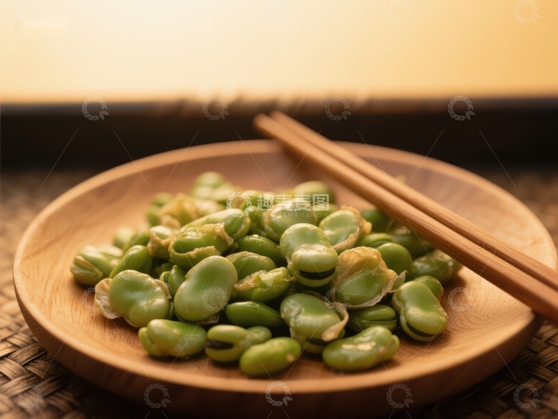 高清大图下载【趣麦麦图】新鲜蚕豆配筷子，置于木质盘中