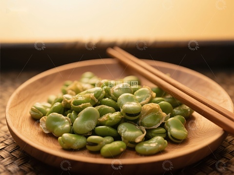 新鲜蚕豆配筷子，置于木质盘中