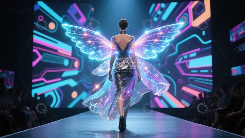 高清大图下载【趣麦麦图】未来科技时装秀，模特身披光翼走秀