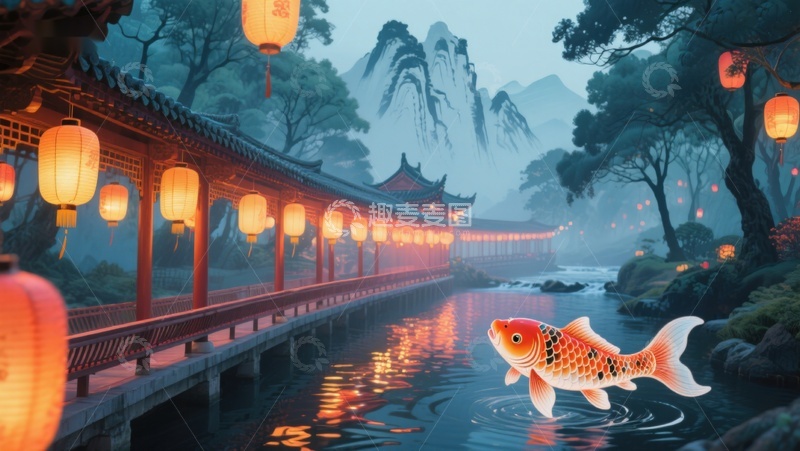 高清大图下载【趣麦麦图】古桥灯笼映水中，锦鲤悠游山水间