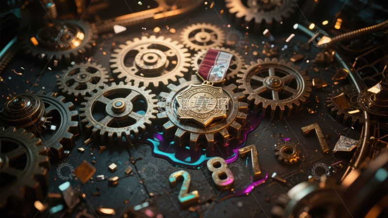 高清大图下载【趣麦麦图】机械齿轮与徽章的科幻场景