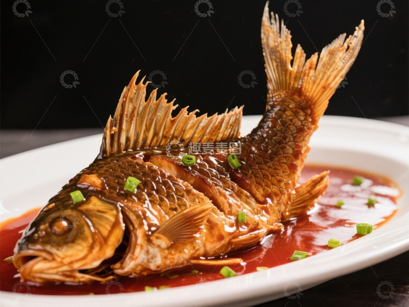 高清大图下载【趣麦麦图】红烧鱼配葱花，色泽诱人