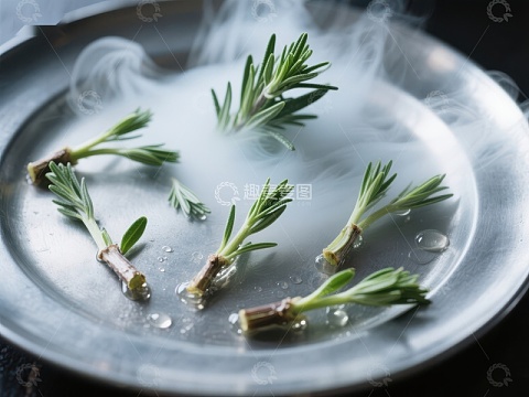 蒸汽中的迷迭香枝条