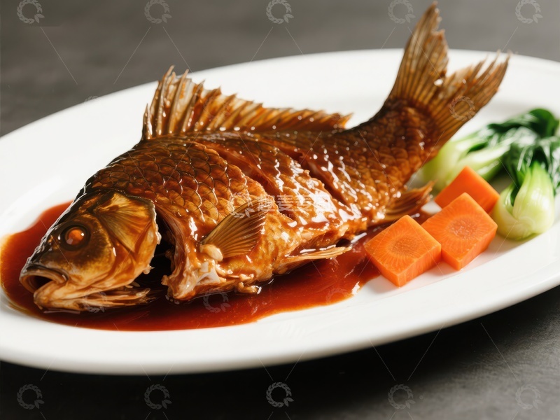 高清大图下载【趣麦麦图】红烧鱼配胡萝卜与青菜