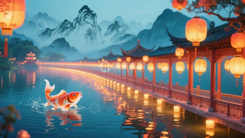 高清大图下载【趣麦麦图】夜景古桥上的锦鲤与灯笼