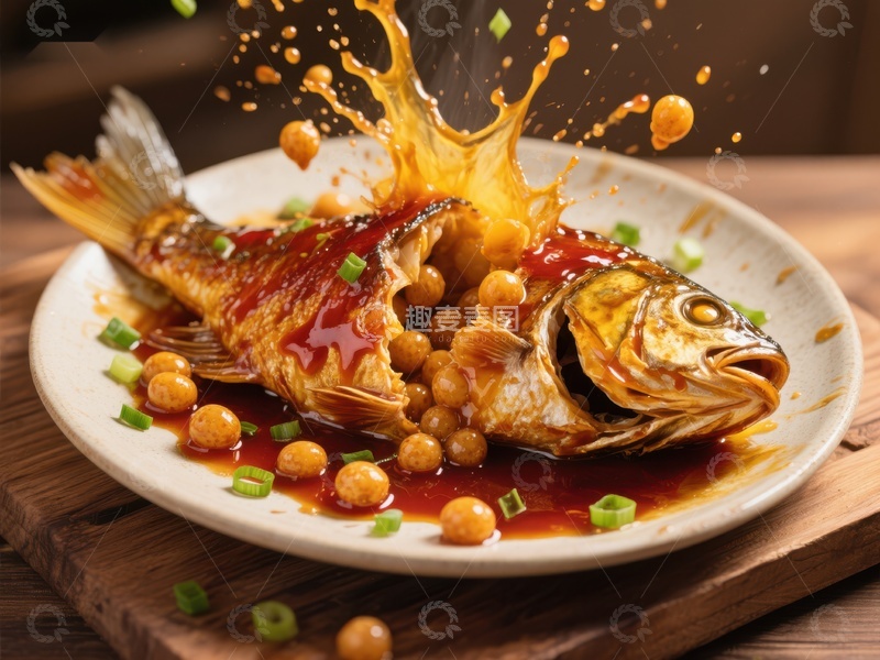高清大图下载【趣麦麦图】糖醋鱼跃盘中，酱汁四溅诱人