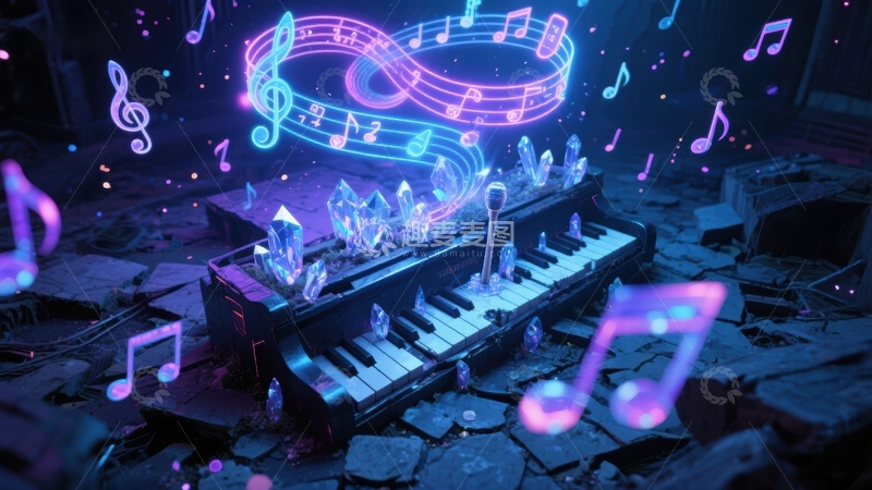高清大图下载【趣麦麦图】霓虹音乐符号环绕的水晶钢琴