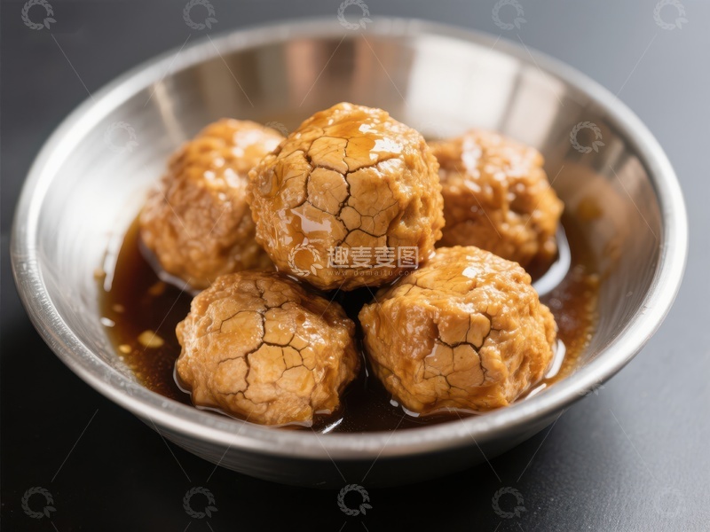 高清大图下载【趣麦麦图】酱汁肉丸盛于金属碗中