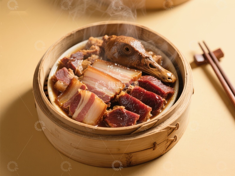 高清大图下载【趣麦麦图】蒸笼中的美味腊肉与鸭头