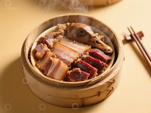 蒸笼中的美味腊肉与鸭头