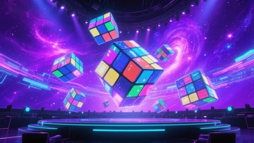 魔方在霓虹舞台上的动态展示