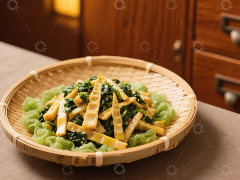 高清大图下载【趣麦麦图】竹篮盛装的竹笋炒青菜