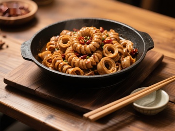 香辣鱿鱼圈热锅美食