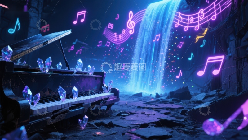高清大图下载【趣麦麦图】梦幻钢琴与音乐瀑布