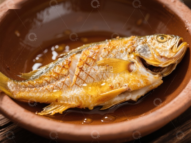 高清大图下载【趣麦麦图】烤鱼置于陶盘中