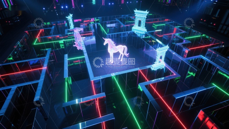 高清大图下载【趣麦麦图】霓虹光影中的虚拟独角兽