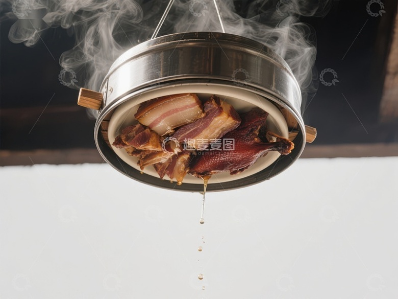 悬挂锅中熏制的肉散发热气