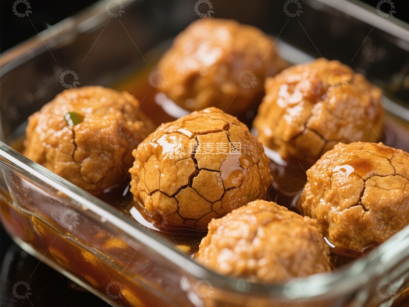 高清大图下载【趣麦麦图】酱汁肉丸在玻璃烤盘中