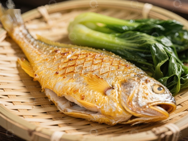 高清大图下载【趣麦麦图】煎鱼配青菜，竹篮盛装