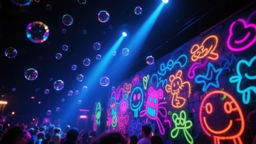 霓虹灯墙与泡泡的夜景